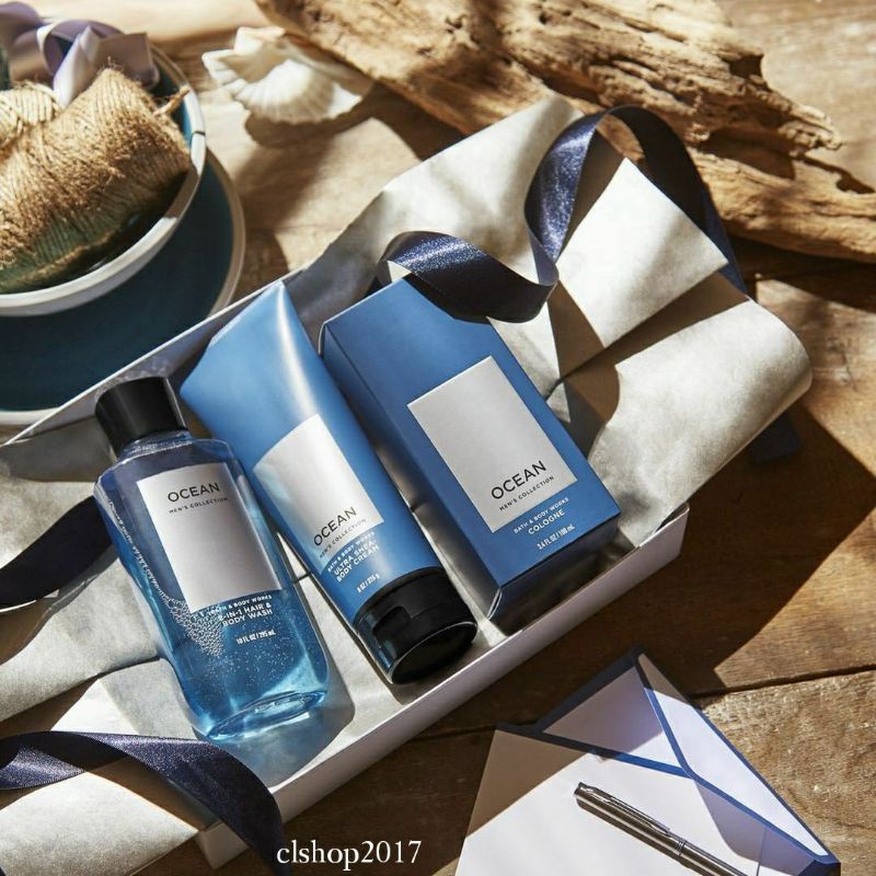 BATH AND BODY WORKS BBW MEN'S COLLECTION OCEAN SERIES BODY CREAM 226 G &amp; 70 G 2IN1 3IN1 HAIR , FACE &amp; BODY WASH 295 ML &amp; 88 ML DEODORIZING BODY SPRAY 104 G MINI COLOGNE 100 G &amp; 15 ML SHAVE GEL 191 G ROOMSPRAY 42,5 G POCKETBAC HANDCREAM 29 ML