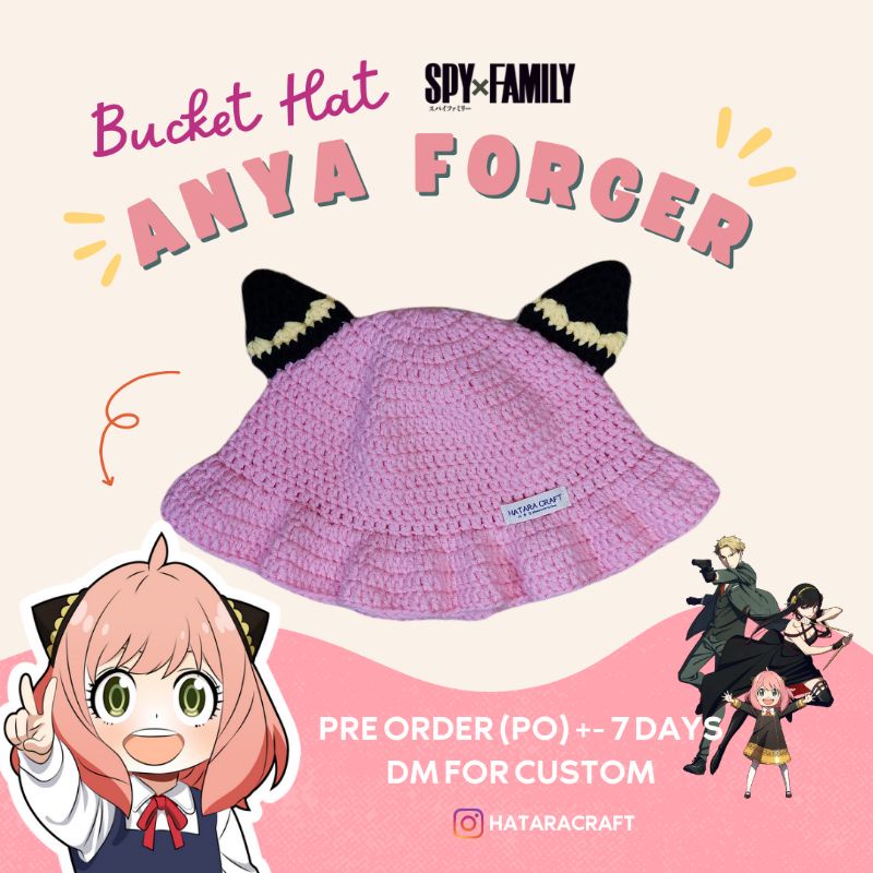 HATARACRAFT Topi Rajut Anya Forger Spy X Family anak dewasa Anya Forger Spy X Family Crochet Bucket 