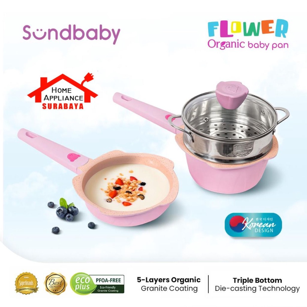 BOLDe Sundbaby Flower Organic - Panci Mpasi Set Baby Pan 4 PCS - Milk Pot 16CM + Frypan 16CM + Steamer Kukusan Stainless Steel