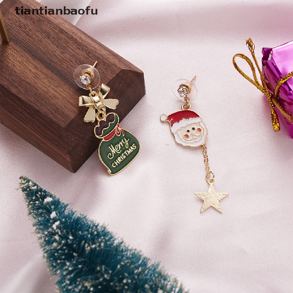 [tiantianbaofu] 1pasang Fashion Natal Stud Earrings Desain Baru Asimetris Anting-Anting Pohon Xmas Beruang Coklat Snowman Santa Claus Menjuntai Anting-Anting Perhiasan Butik