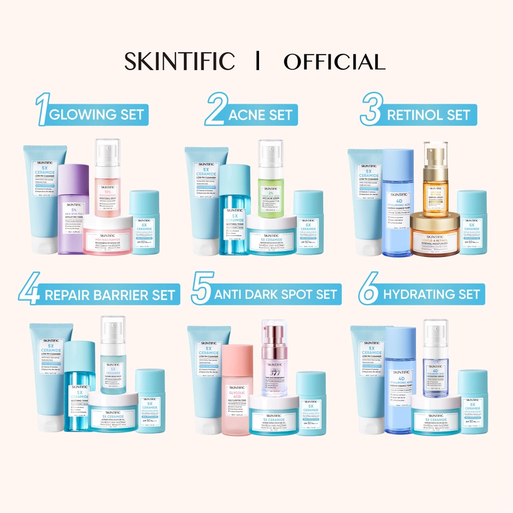 SKINTIFIC 5pcs with sunscreen - Paket Skincare Low pH Cleanser + Moisture Gel + Serum Sunscreen + Exfoliating Toner / Soothing Toner + Brightening Serum / Anti Acne Serum / Barrier Repair Serum / Hydrating Serum