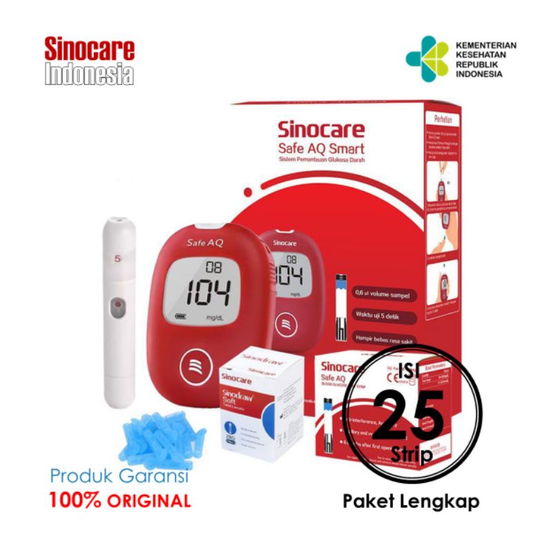 Alat Cek Gula Darah Safe AQ Smart Sinocare Paket Lengkap ( 25 Strip + 25 Lancets )