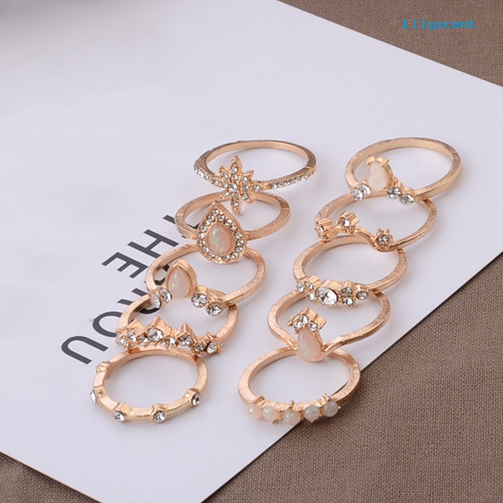 [LS] 10pcs/set Lady Water Drop Bintang Mahkota Opal Imitasi Susun Knuckle Midi Finger Ring