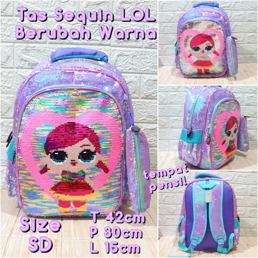 Tas Sekolah Ransel Anak SD Motif Sequin dapat Tempat Pensil Backpack Anak Perempuan Import LOL dan Unicorn SD