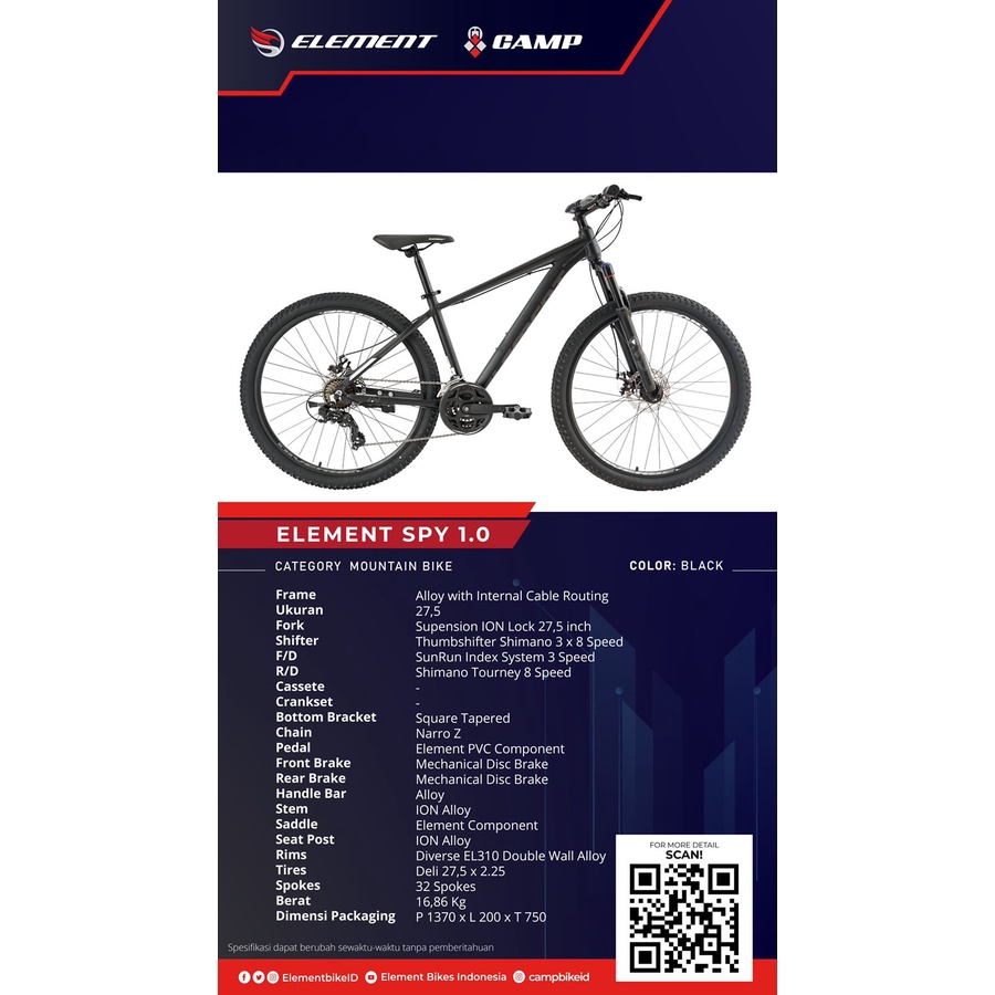 Sepeda MTB Element SPY 1.0 2022 Black Sepeda Gunung Hitam