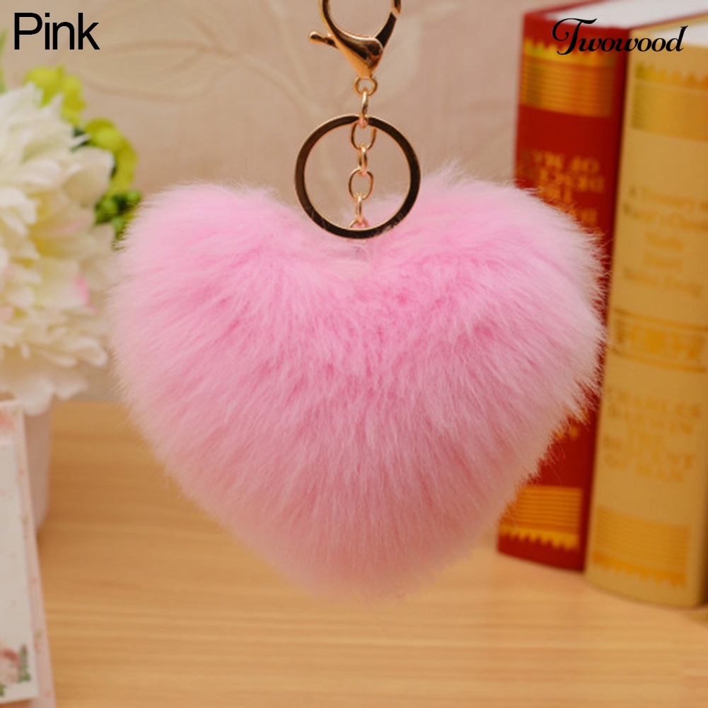 Twowood 10 cm Lucu Faux Fur Ball Pompom Bentuk Hati Gantungan Kunci Ponsel Mobil Handbag Key Ring