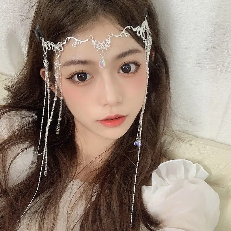 Karina Aespa Tiara Hair Crystal Clip Head Rhinestone Mahkota Kristal Wajah Jepit Rambut Rumbai Panjang Permata Berlian Kpop Korea Korean Blackpink Twice Red Velvet Itzy Ive Aespa Loona New Jeans Stayc