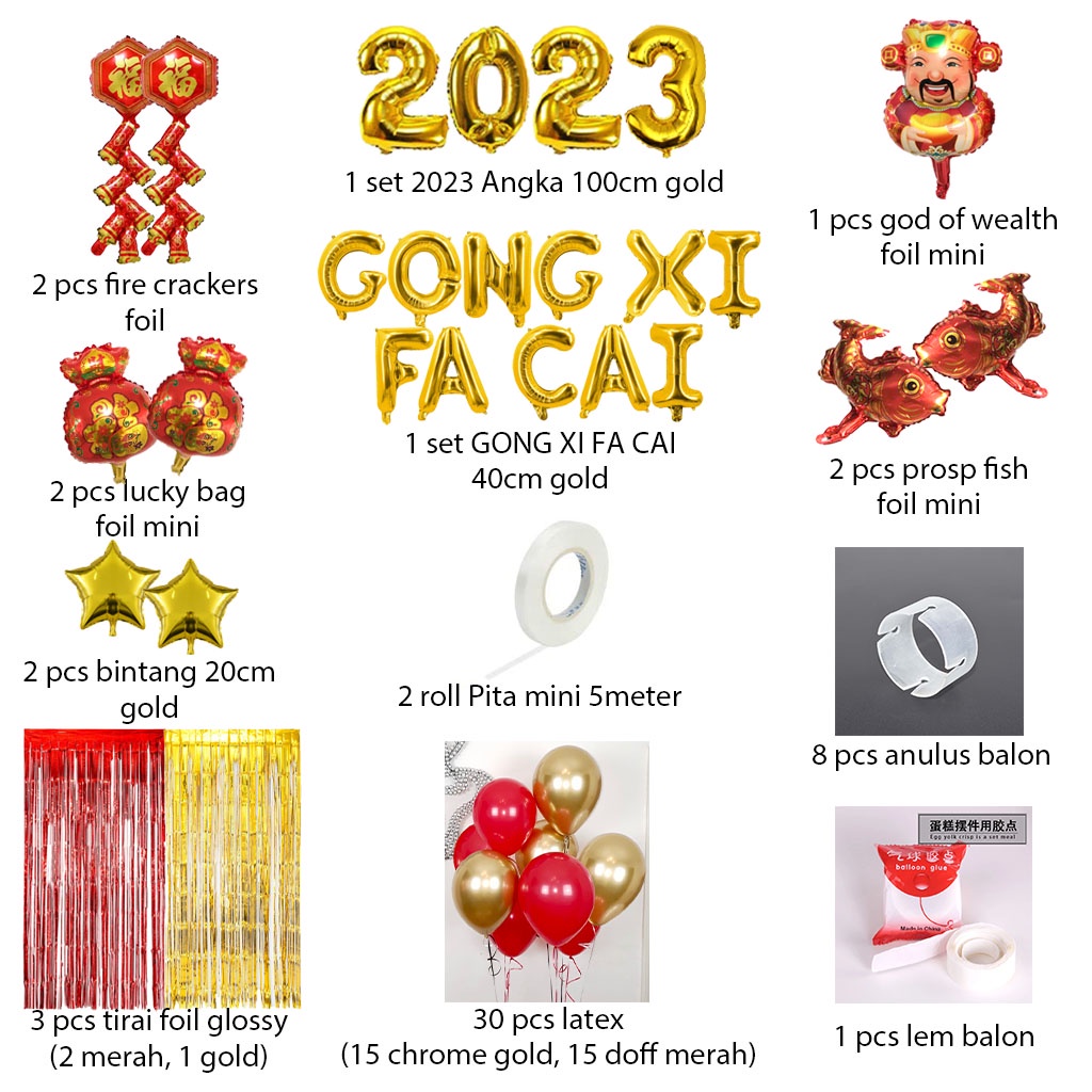 [PAKET] Dekorasi IMLEK GOLD RED CURTAIN Balon Chinese New Year