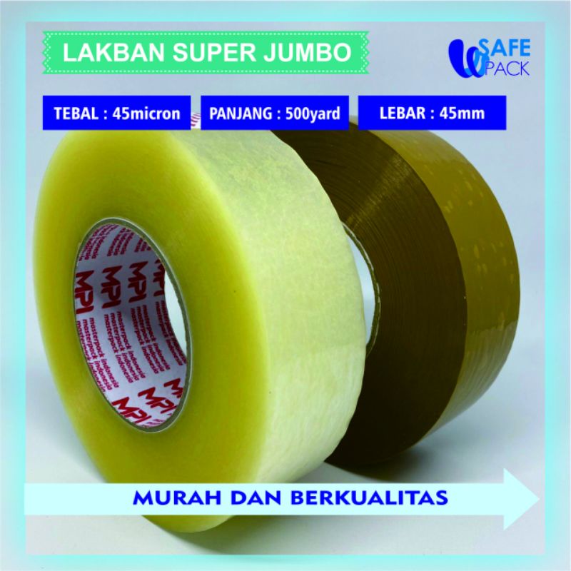 

lakban / plakban super jumbo MPI bening dan coklat 45mm x 500 yard 2 inch murah kualitas super tidak mudah putus daya rekat tinggi