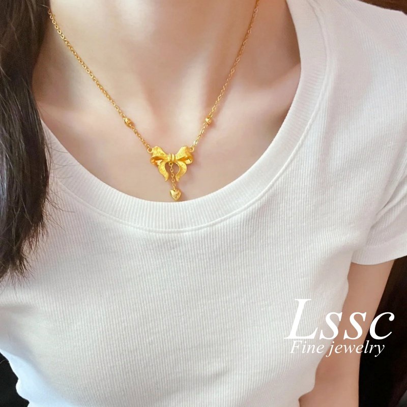 Kalung Titanium Anti Karat Pita Lucu Cantik Emas 18K Aksesoris Wanita Fashion Korea