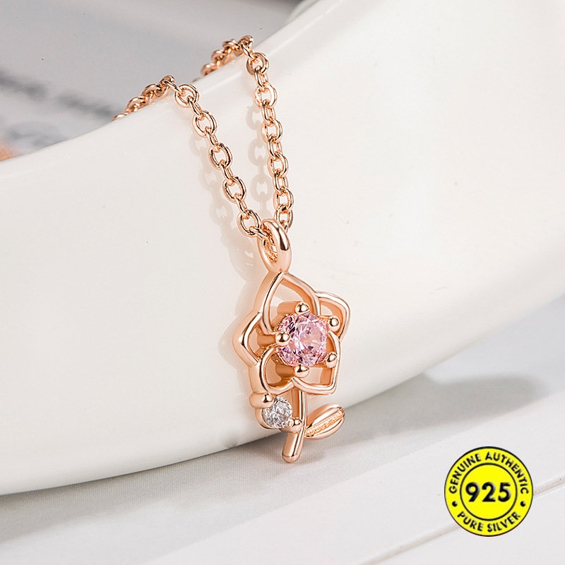 Kalung Mawar Lembut Rose Wanita Rose Gold Merah Muda Zirkon Bunga Klavikula Rantai U1142