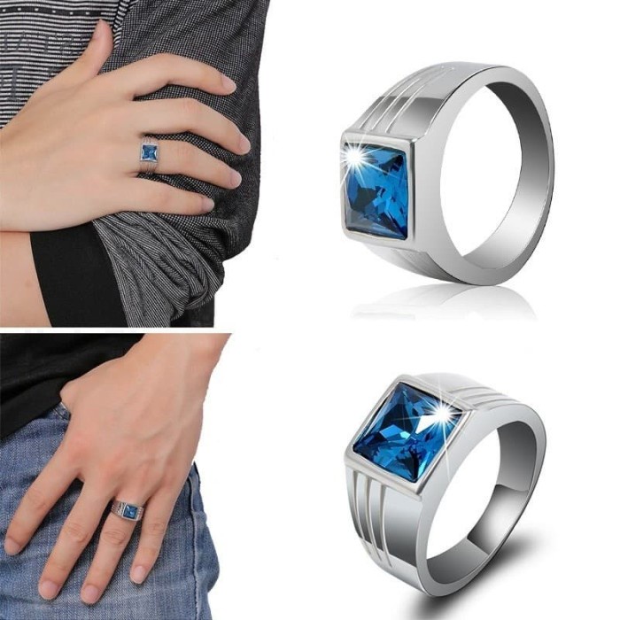 Cincin Silver Batu Akik Pria Batu Biru Safir Blue Sapphire Mewah C56