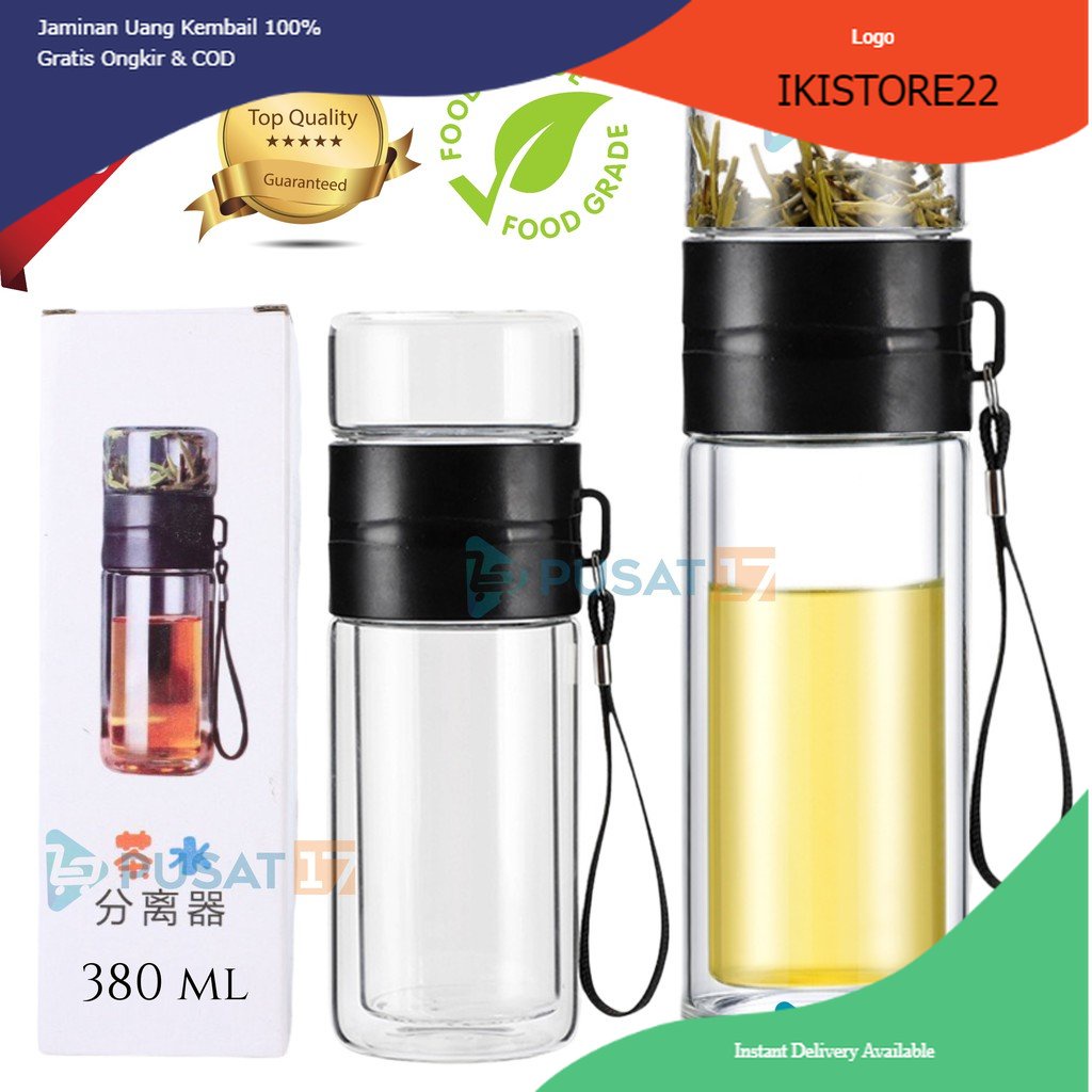 Jual Tumbler Kaca 380ml Saringan Teh Botol Double Kaca Glass Chinese Tea Bottle Inflused Water 2996