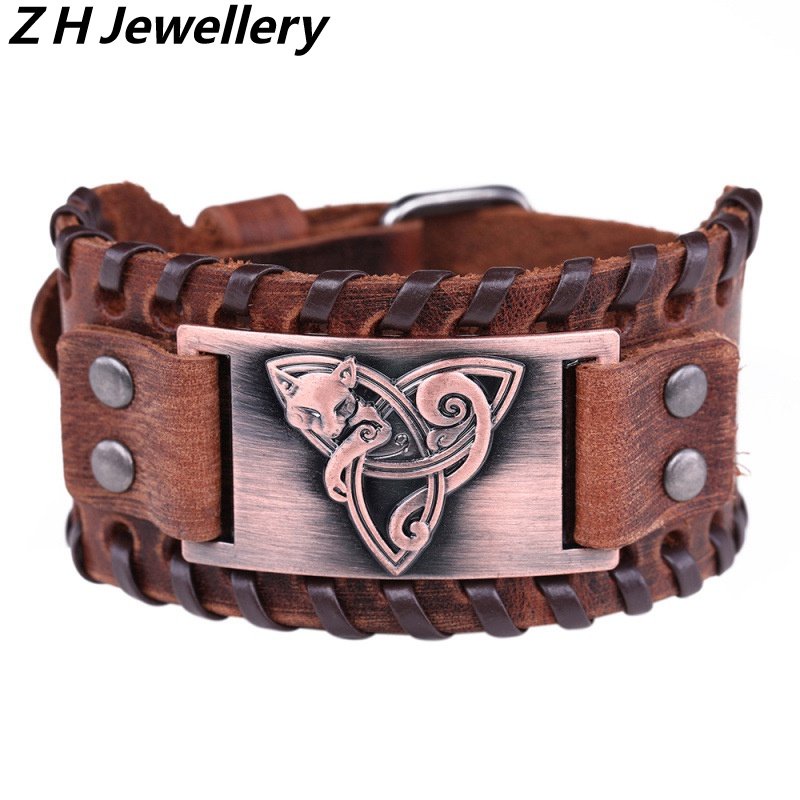 [Z H Perhiasan] Hip Hop Rock Retro Pria Fashion Stainless Steel Viking Fox Rune Gelang Kulit Pesta Perhiasan Aksesoris