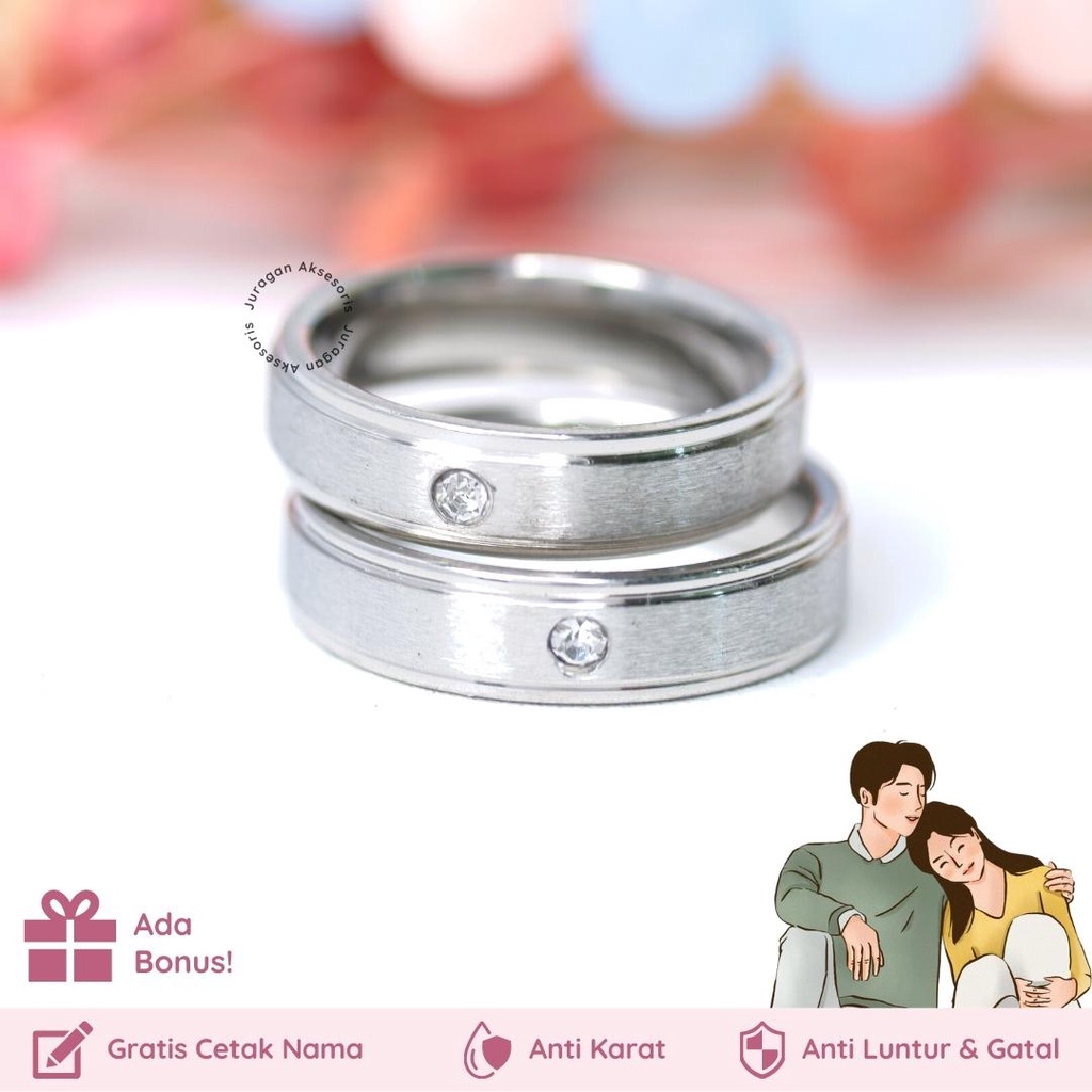 [Gratis Ukir Nama] Cincin Couple Romantis Ailoviu Titanium Anti Karat M121 Hadiah Tunangan Pasangan Pria Wanita Perak Platinum Paladium Emas Putih Silver Permata Berlian Cubic Zirconia