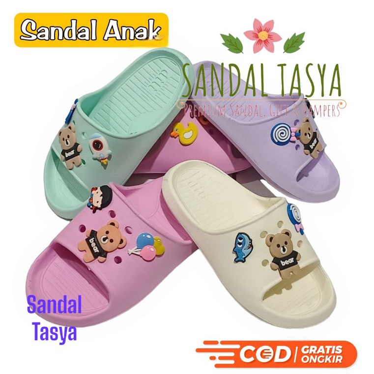 Sandal Slop Anak Perempuan dan Laki Laki Jibbitz Karakter Bear Beruang Lucu  Bahan Karet Import Fashion Korea Tebal Umur 5 6 7 8 Tahun Terbaru