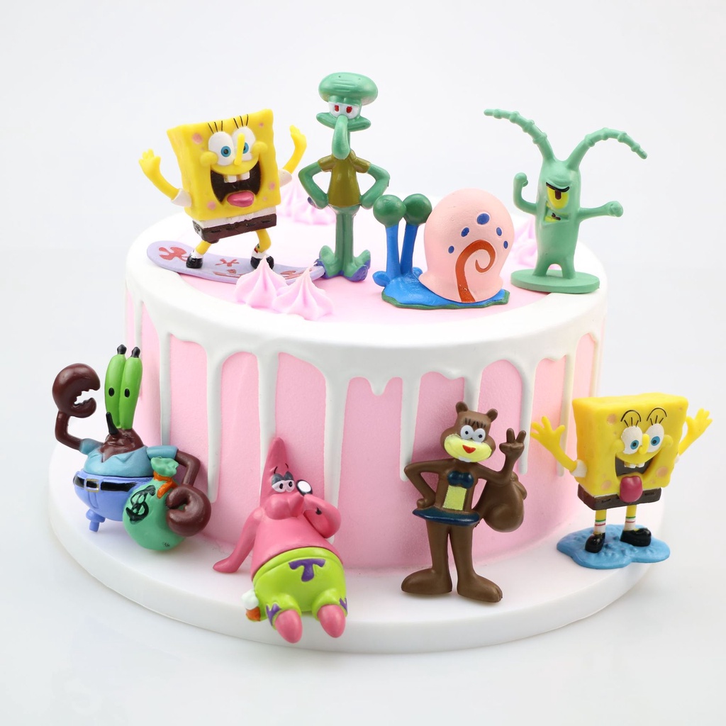 Kawaii Spongebob Kartun Figure Gantungan Kunci Boneka Pie Bintang Kepiting Bos Siput Figure Model Koleksi Mainan Pvc 8pcs/set