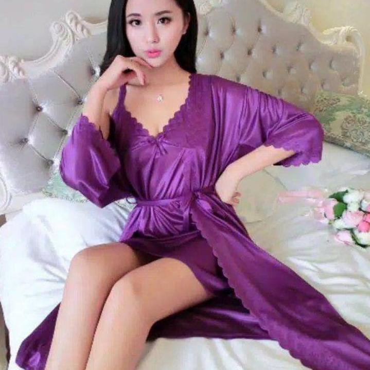 KIMONO LINGERIE DRESS 2IN1 / PIYAMA SET BAJU TIDUR / LONG DRESS BELT / BAJU TIDUR WANITA SATIN / TRI