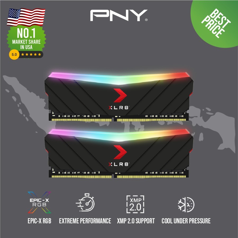 Memory PNY Longdimm RGB Black 32GB (16X 2) DDR4 3200MHZ PC25600 (XLR8)