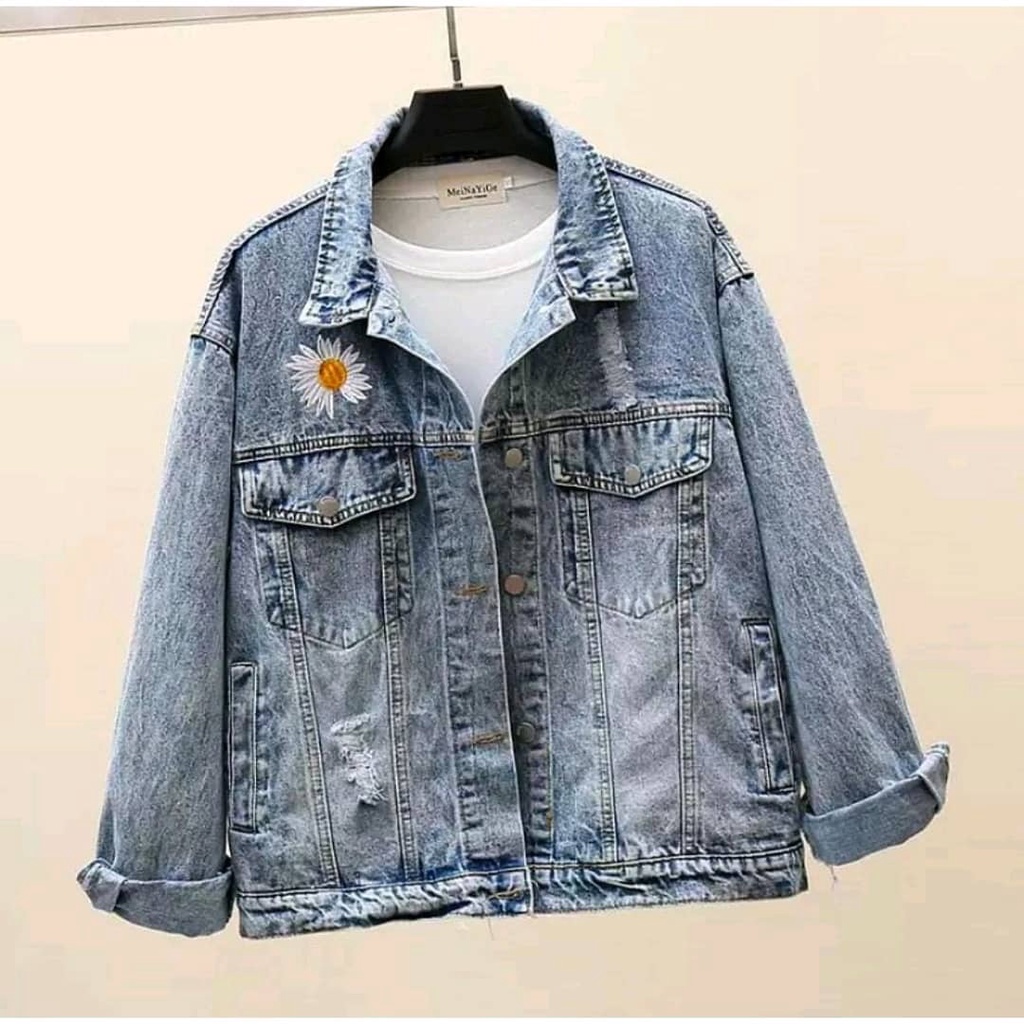 Sera Jaket Jeans Wanita Terbaru Bahan Denim Motif Bordir Aseli Outer Cewek Korean Style Outwear Keki