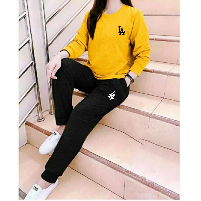 Setelan Wanita One Set LA Lengan panjang+celana jogger keren dan Trendy adem