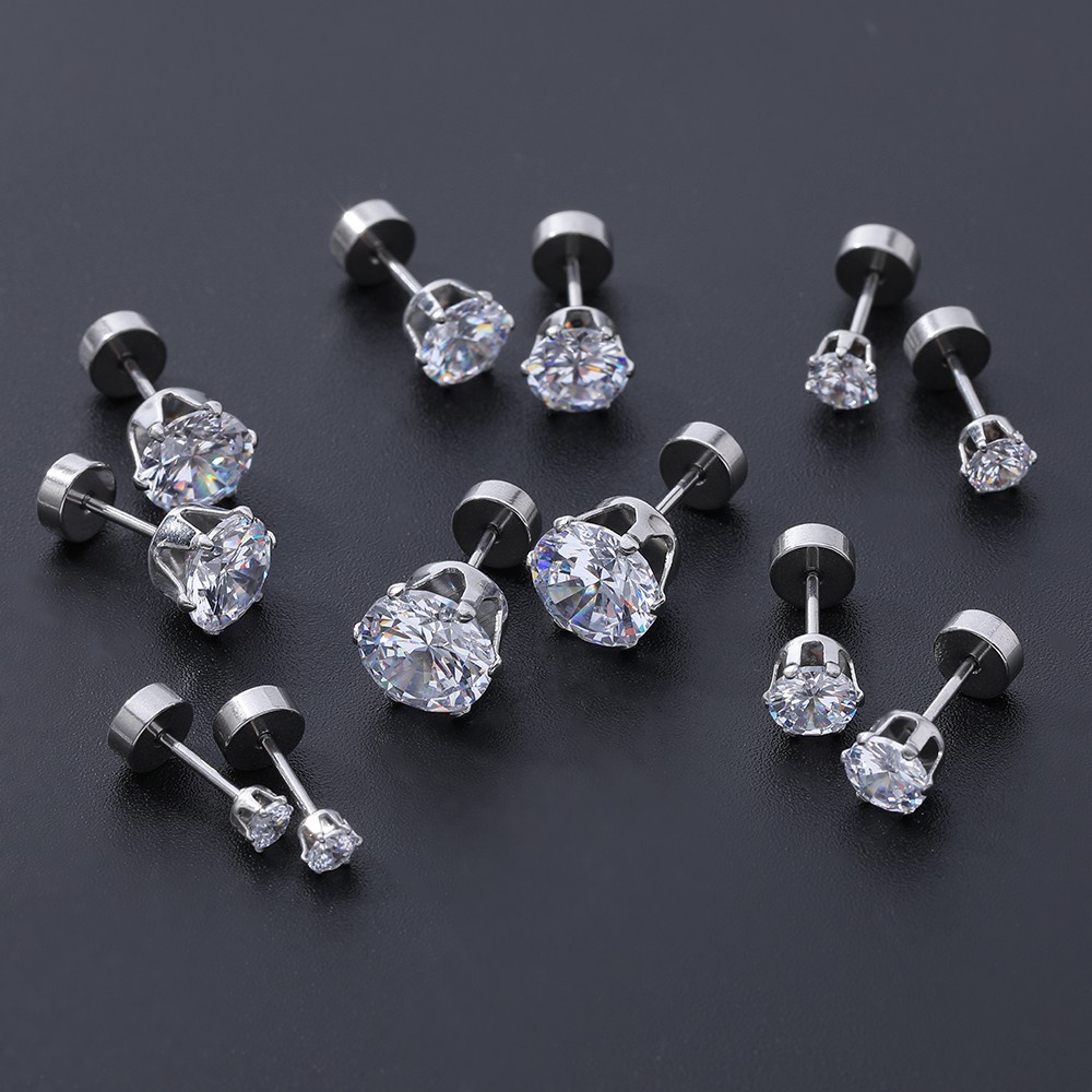 6pasang/lot 3-8mm 316L Stainless Steel Kristal Studs Earrings Set Dengan Zirkonia Besar Berlian Imitasi Tulang Rawan Telinga Studs