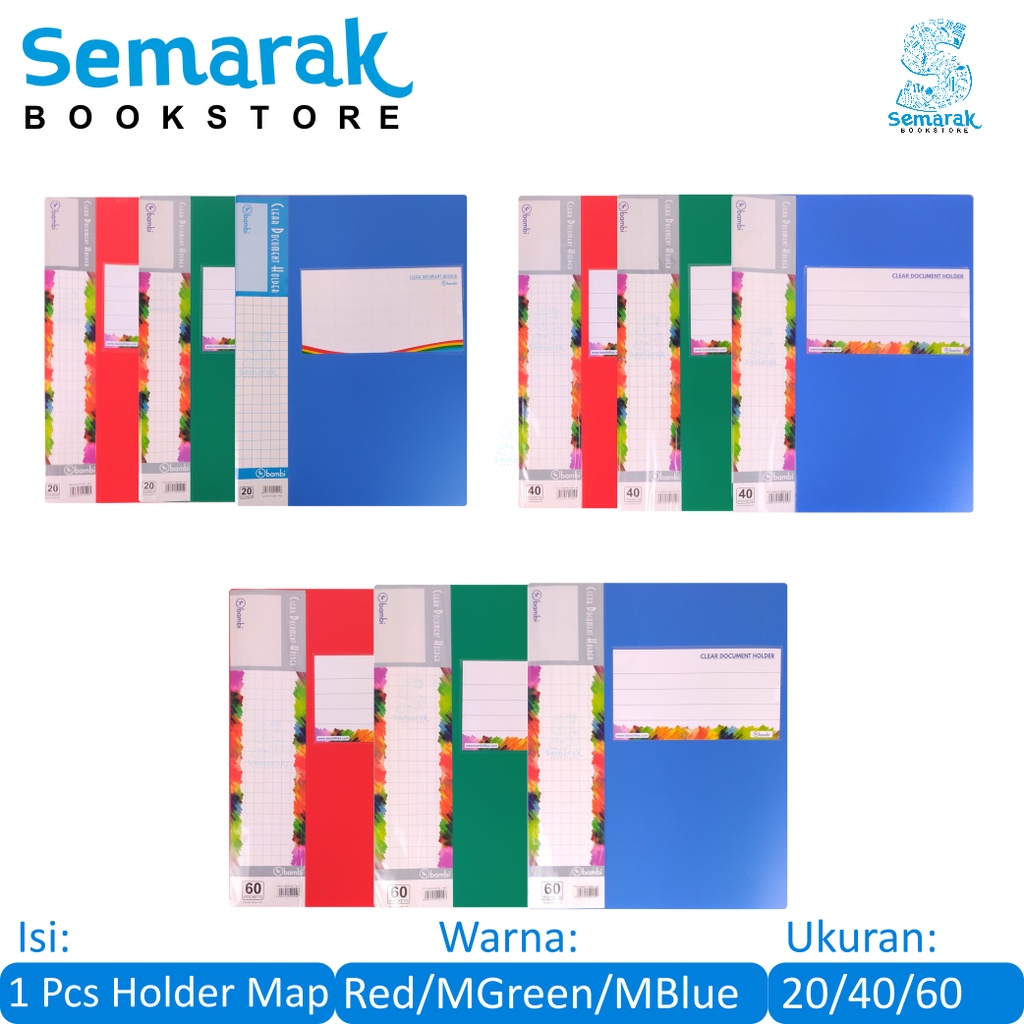 

Bambi Clear Document Holder Map Dokumen 20 / 40 / 60 Pocket - Red / Medium Blue / Medium Green
