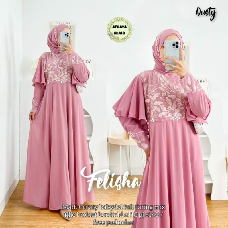 Gamis Free Jilbab Felisha Dress Ceruty Babydoll Full Furing Brokat Tille Bordir LD 110 Gaun Kondanga