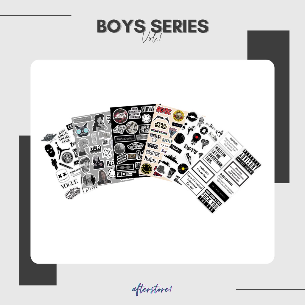 

PAKET 6 LEMBAR STIKER BOYS SERIES | STIKER PACK BAND ROCK | STIKER HYPEBEAST | STICKER TUMBLR AESTHETIC