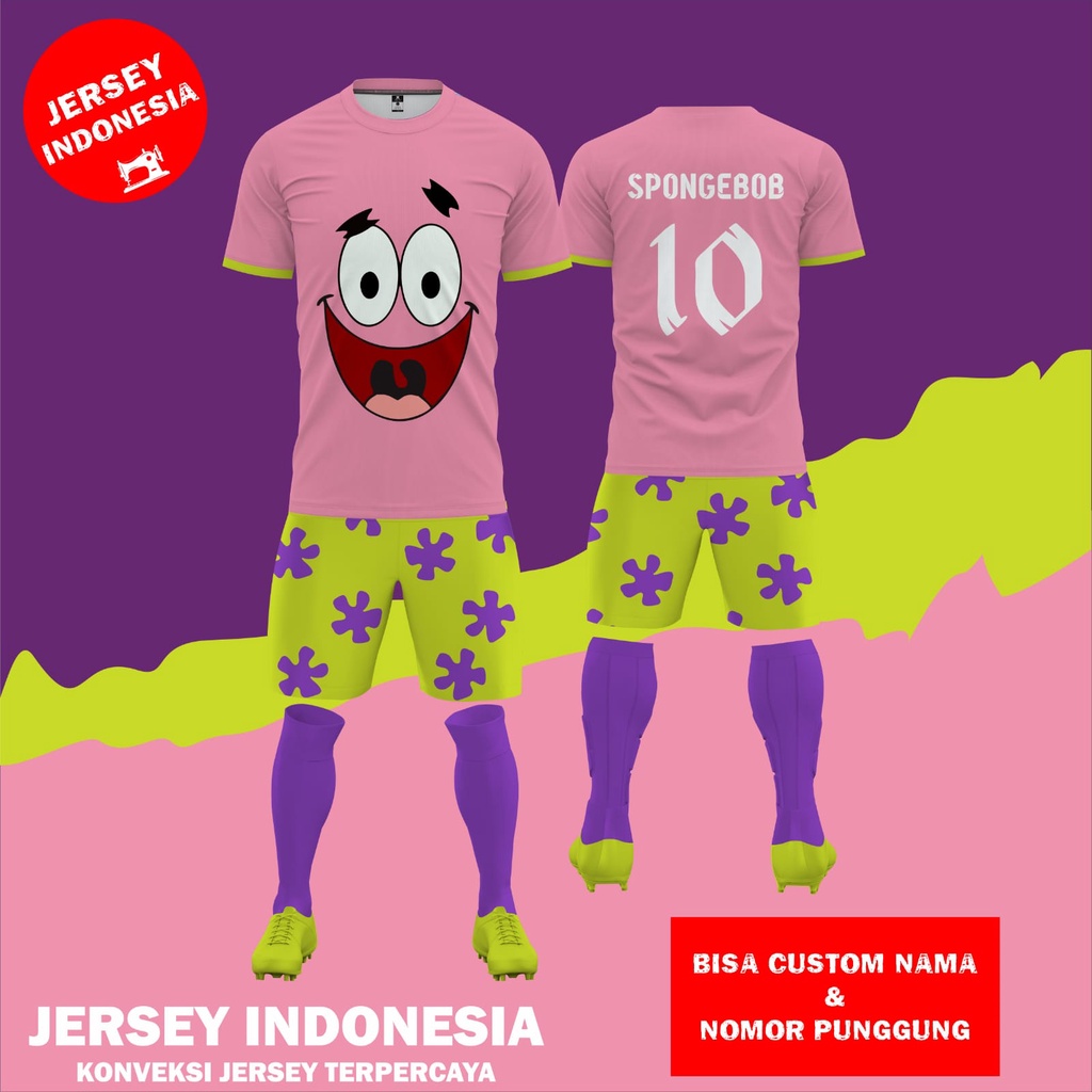 Jersey Futsal, Jersey Sepak Bola Desain Baju Patrick Star Spongebob Full Printing Free Custom nama dan Nomor