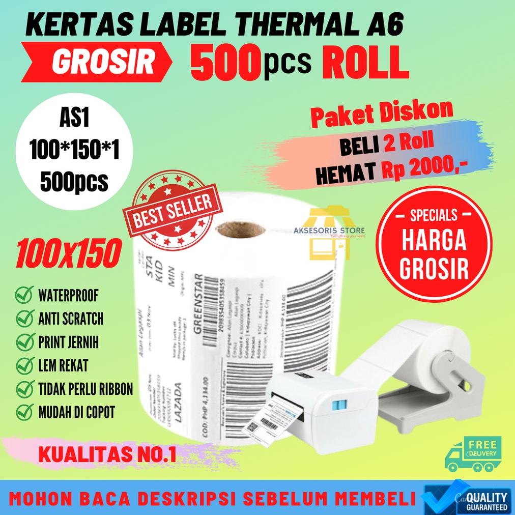 

KERTAS THERMAL LABEL STICKER 100X150 500PCS ROLL UKURAN A6 RESI BARE TERLARISS...,,,,,