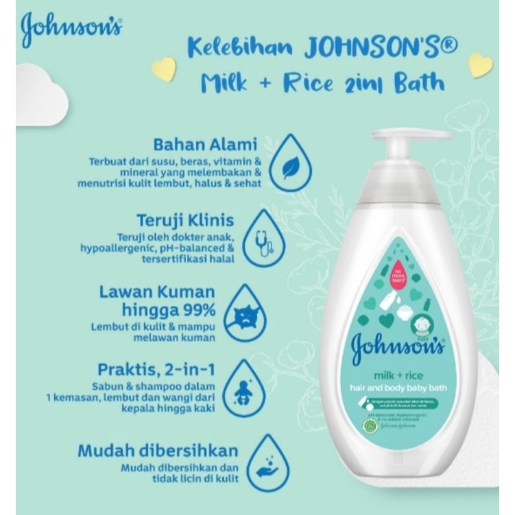 Johnsons Milk + Rice Hair &amp; Body Baby Bath Sabun Bayi Pump 500ml