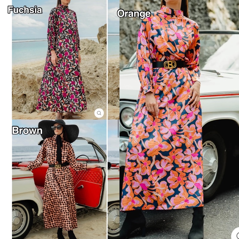 Tropicolors High Neck Dress - Orange Fuchsia fischia brown Benang jarum benangjarum XS S M L XL XXL 