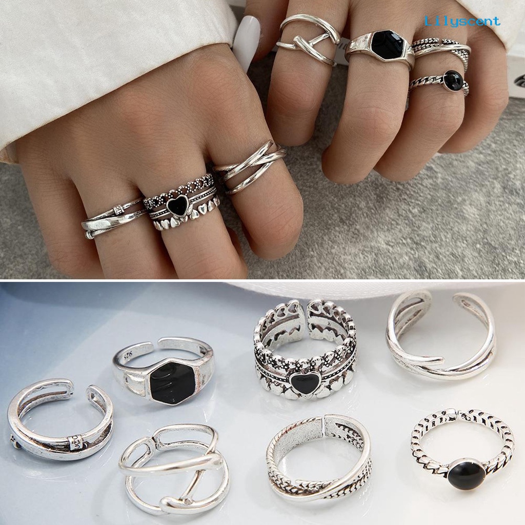 [LS]7Pcs /Set Wanita Cincin Punk Geometris Berlian Imitasi Hias Electroplating Kilau Cerah Dekorasi Hadiah Wanita Silang Hati Knuckle Rings Trendy Perhiasan Untuk Pacaran