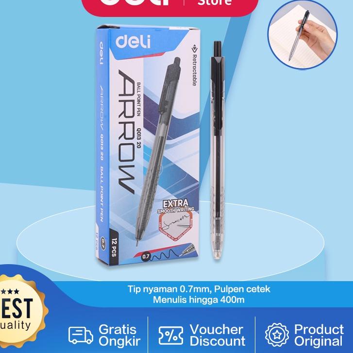 

[KODE PRODUK H9PK78459] Deli Pulpen Ball pen Cetek 0.7mm Hitam 12pcs/box Halus Smooth EQ013X0