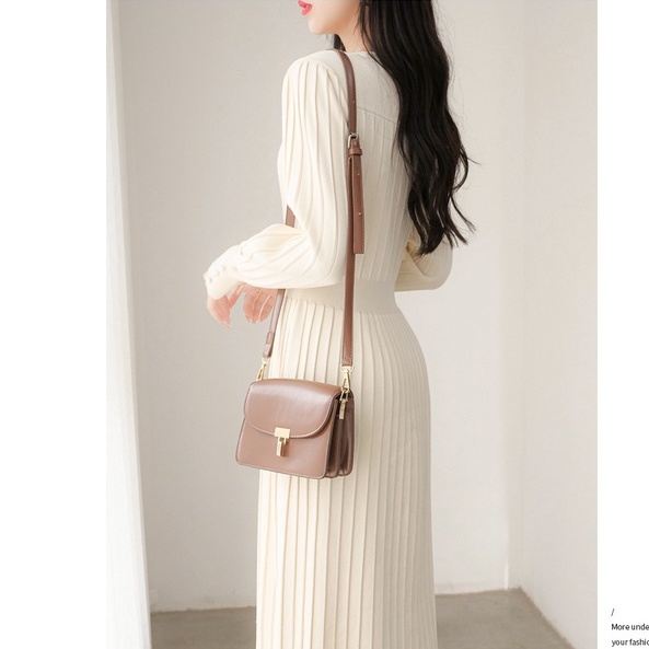 【Elegant】V Neck s Long Sleeve Ribbed Stretch Midi Dresses  2355