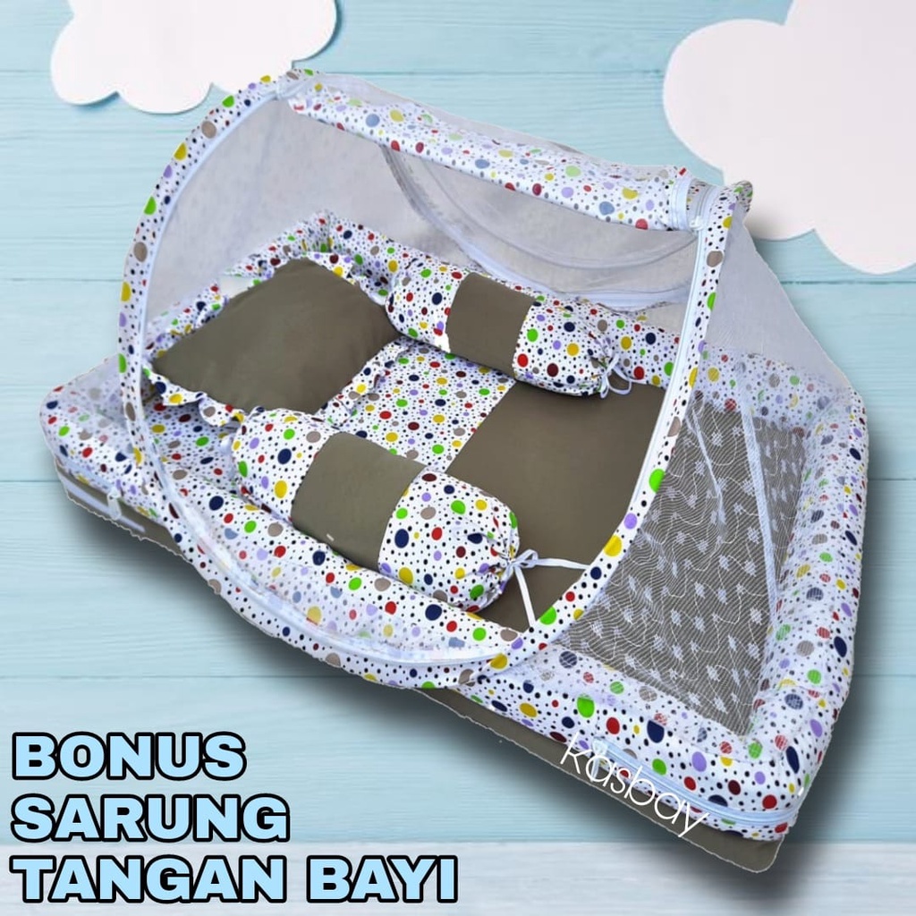 Kasur Bayi Kelambu Set Lengkap Bantal Guling + Bonus Sarung Tangan Bayi Dan Tas Mika TERBARU