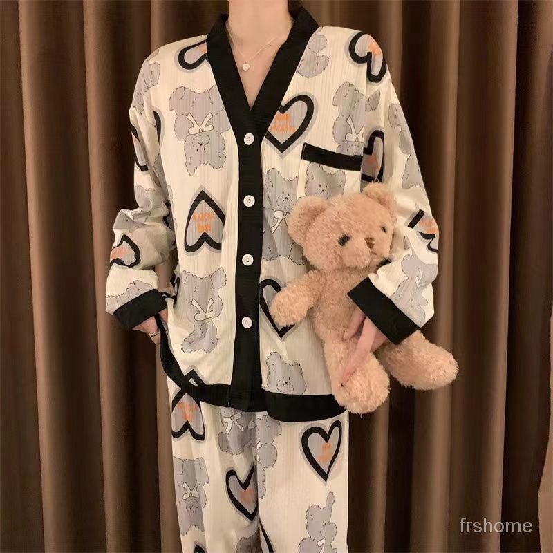 Piyama wanita berwarna-warni versi Korea dari celana panjang lengan panjang V-neck rasa senior dari