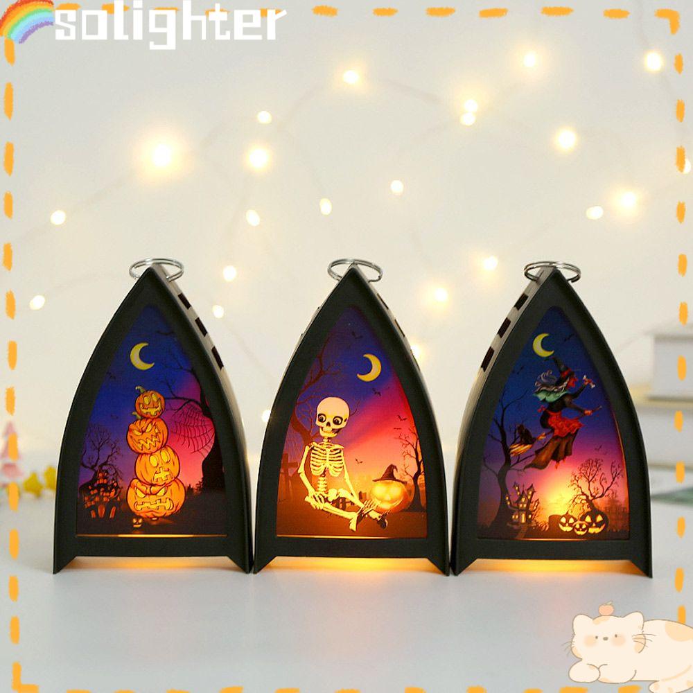 Solighter Halloween Lentera Angin Lilin Tongkat Penyihir Lampu Lilin LED Lentera Labu Festival Hantu