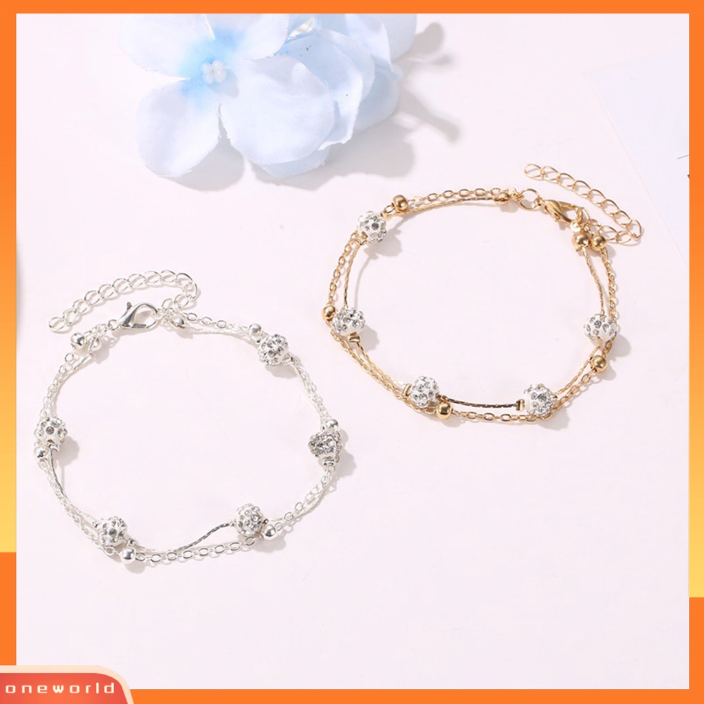 [WONE] Berlian Imitasi Bola Berlapis Ganda Wanita Gelang Kaki Alloy Beads Adjustable Rantai Anklet Aksesoris Kaki