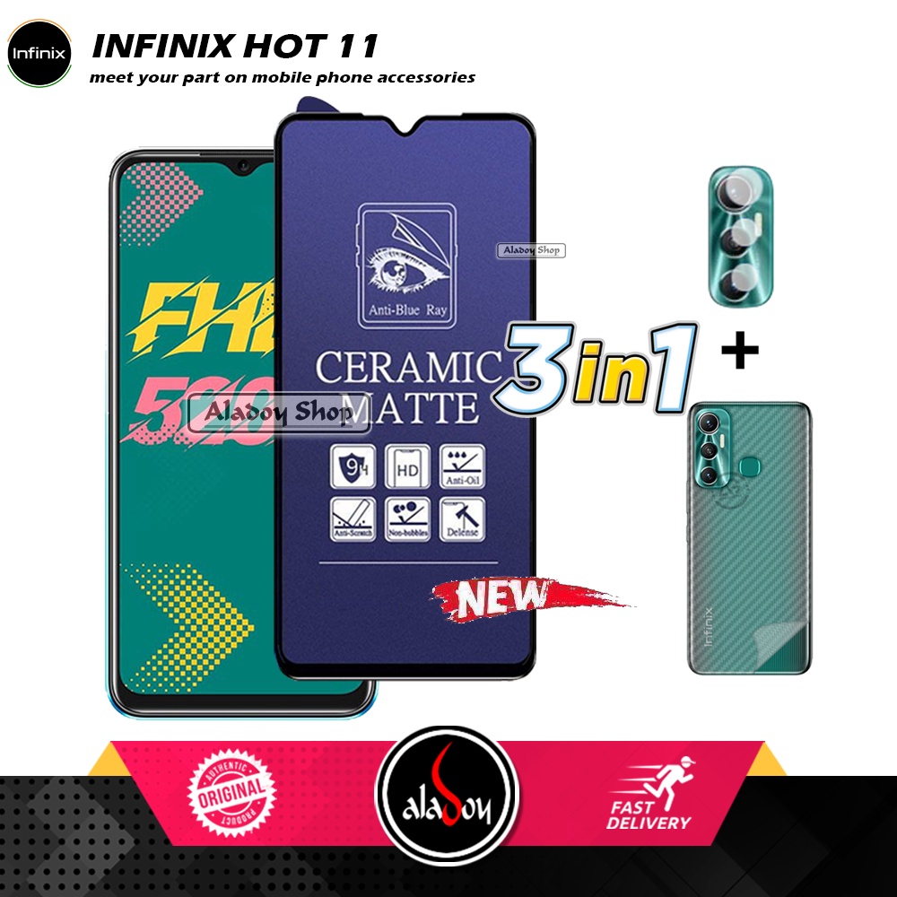 PAKET 3IN1 Anti Gores Blue Matte Anti Glare Infinix Hot 11 + Tempered Glass Camera dan Skin Carbon