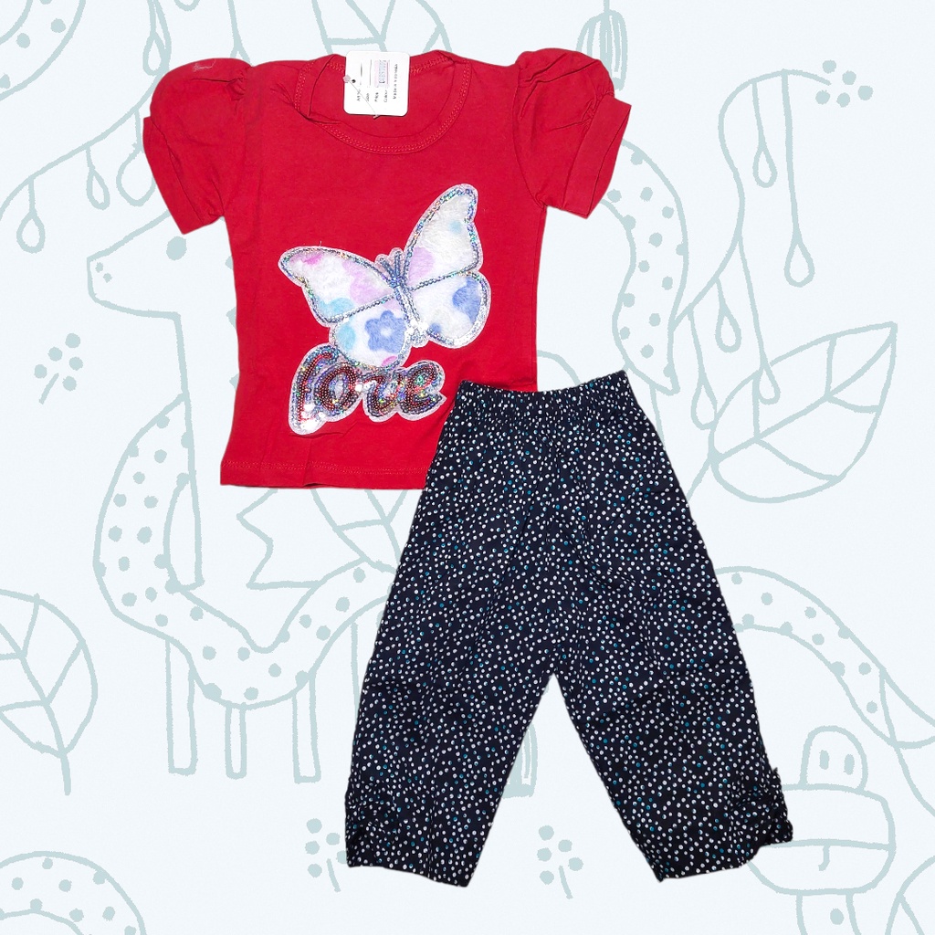 SETELAN ANAK PEREMPUAN CELANA PANJANG KATUN STRETCH APLIKASI SEQUIN BULU KUPU TIMMY GIRL