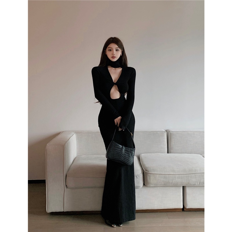 ♨Suhao Babes Lengan Panjang Berongga Rajutan Gaun Wanita Musim Gugur Hitam Berleher Tinggi Unik Seksi Pertengahan Panjang Paket Rok Pinggul