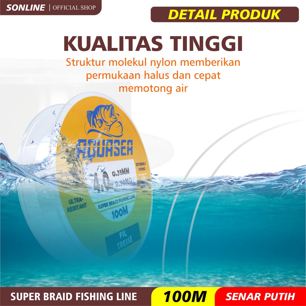 SONLINE Tali Pancing 100m Warna Putih Senar Pancing Nilon Aquasea Gorilla Tough Super Braid Fishing Line Kuat &amp; Tahan Bahan