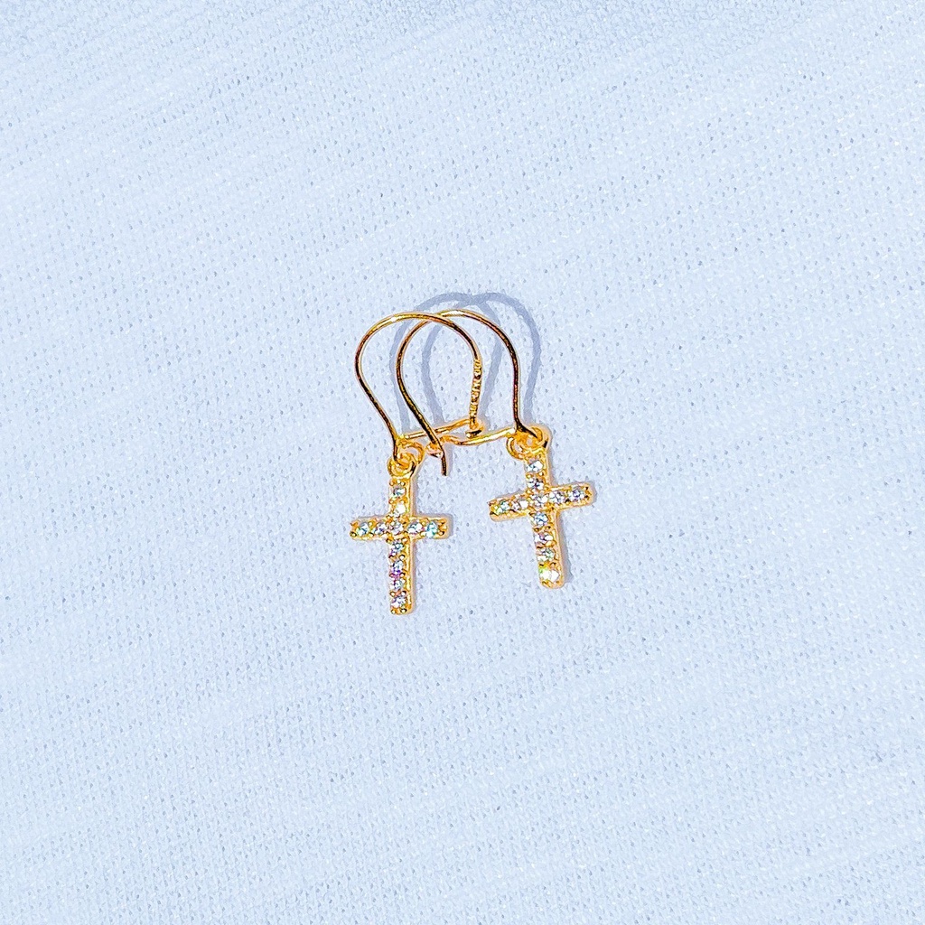 Anting salib anak dan dewasa emas asli kadar 700 70 16k cross desi permata gantung drop giwang kerabu christmas Jesus