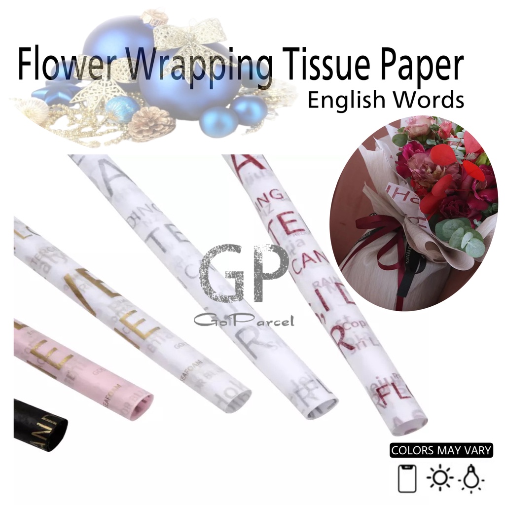 ( 5 Lembar ) ENGLISH WORDS - FLOWER WRAPPING TISSUE PAPER / KERTAS TISU / BUKET BUNGA / KERTAS BUNGA