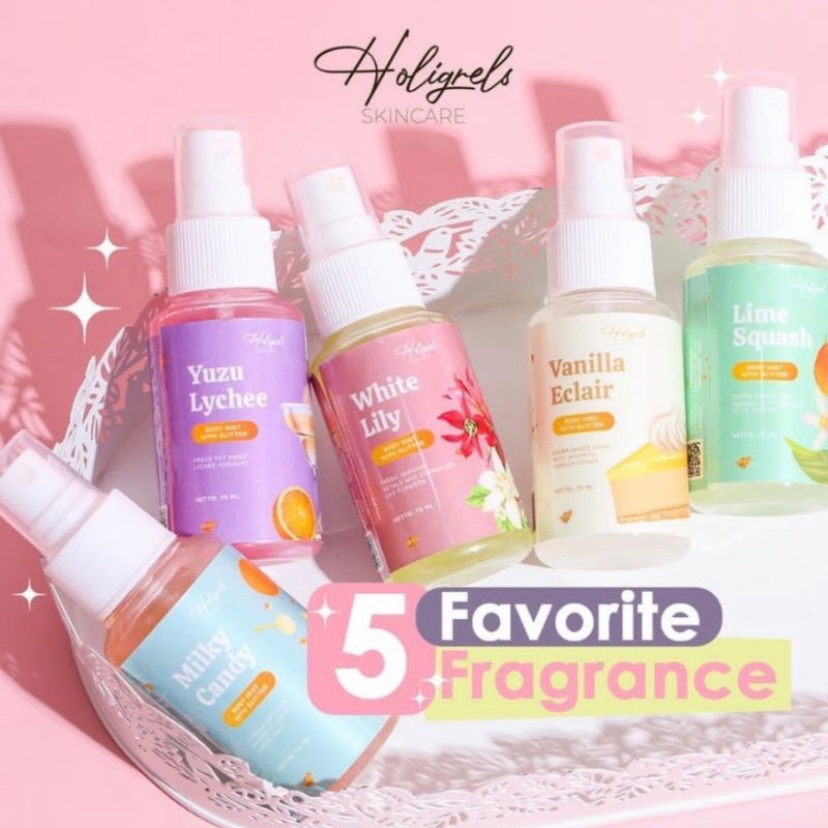 Holigrels - Bodymist Holigrels Parfume ody Mist by Holigrels 75ml | Vanilla Eclair | Milky Candy I Yuzu Lychee | White lily | Lime Squash | Very Baby | Caffeine | Midnight | Strawberry | Green Apple | Popcorn | Original Cake 75ml