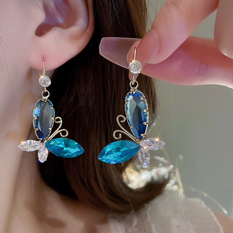 Anting Fringe Permata Kupu-Kupu Biru Temperamen Vintage Elegan Untuk Wanita Korea Fashion Earring Pesta Perhiasan Hadiah