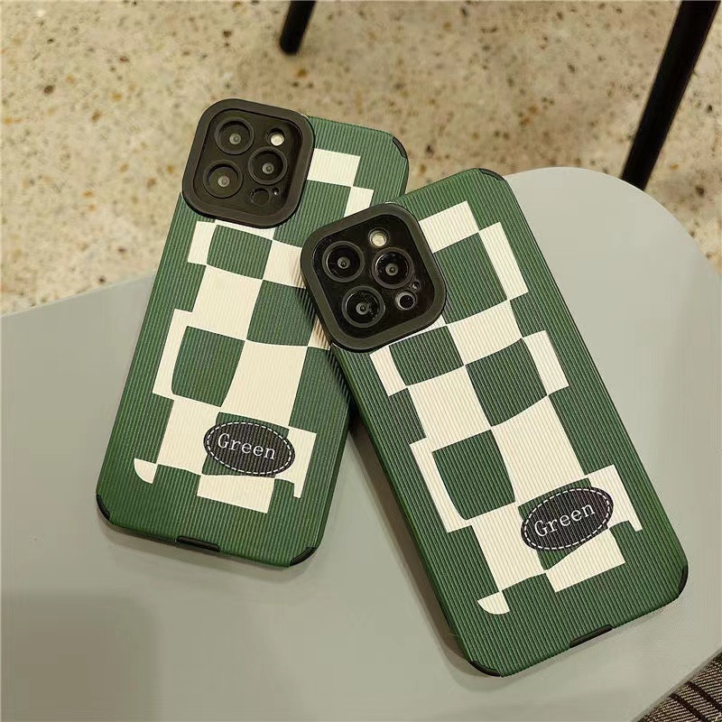 Ins Fresh Green Grid Cocok Untuk Iphone14 14pro 14Plus 14prm Iphone13 13prm iPhone 11 7Plus 8Plus Xr XS 12 Pro Max Empat Sudut Casing Ponsel Tahan Guncangan