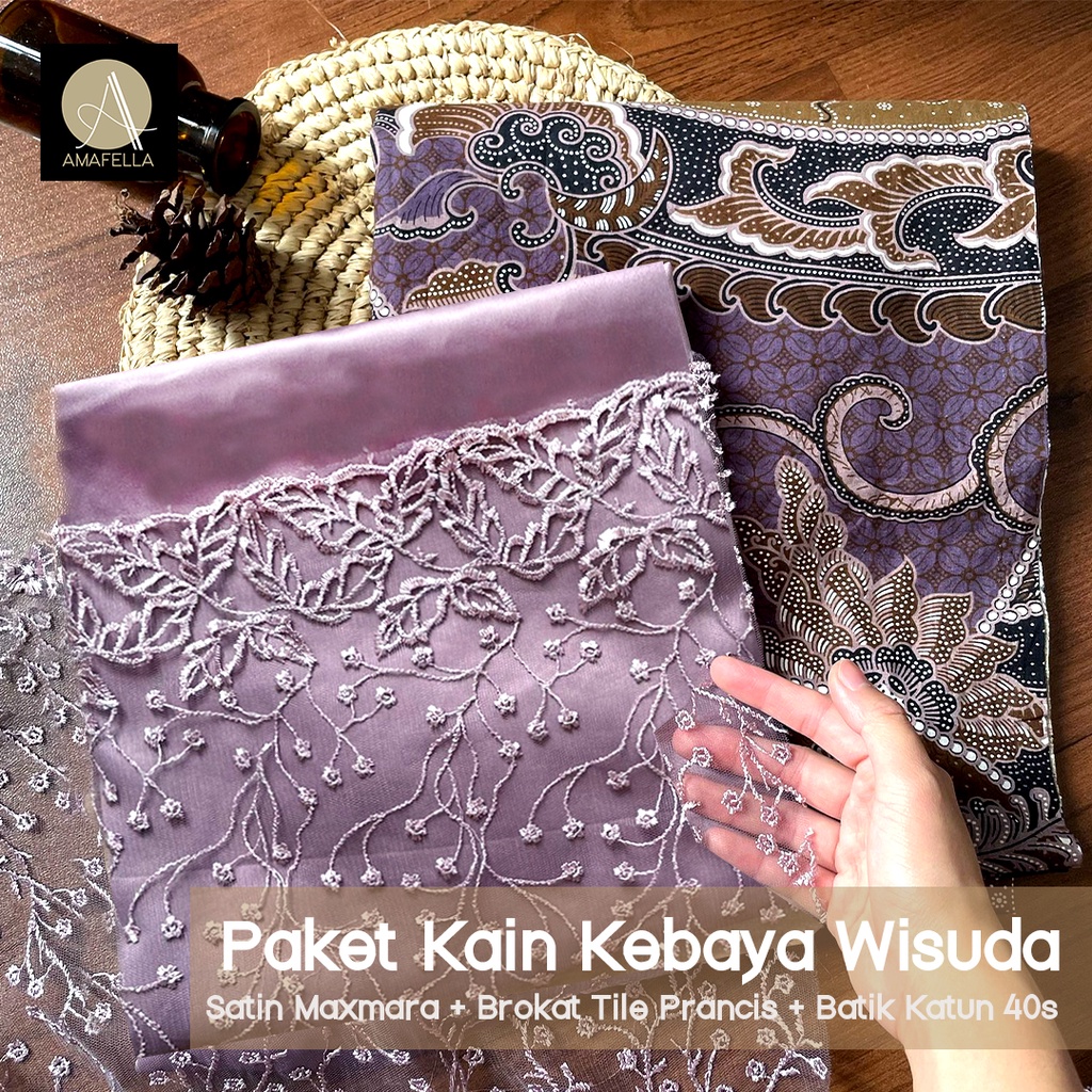 Paket Kain Kebaya Wisuda Seragaman Premium Bridesmaid Lamaran Keluarga Lengkap Satin Brokat Batik Warna Rich Lilac / Taro